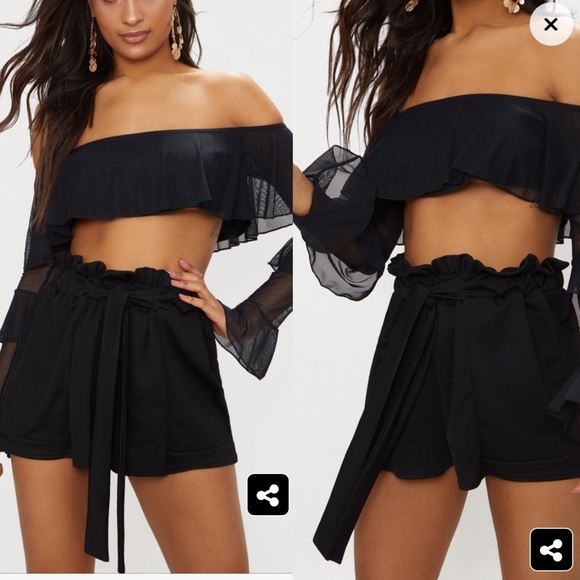 High Waist Black Crepe Ruched shorts - Picture 2 of 5